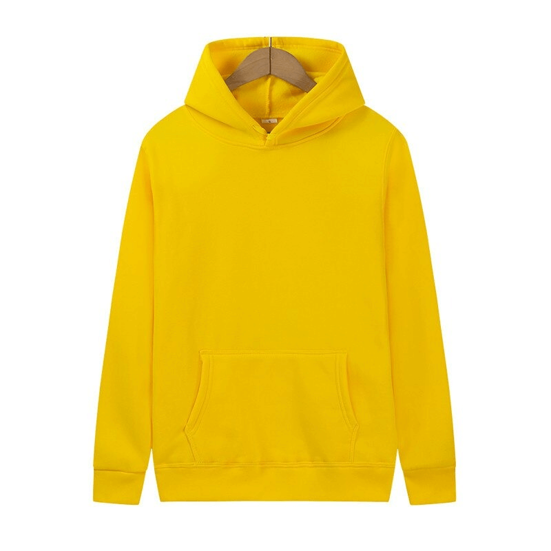 Yellow women's casual solid color hoodie with pocket front and hooded collar.